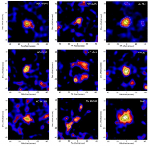 Rogues Gallery of SCUBA-2 Observations from the Nearby Stars (SONS) Survey, which targets 115 known debris disk hosts. Credit Holland, Matthews, Greaves and the SONS Team