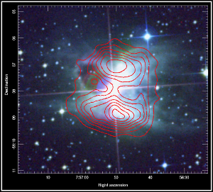 3-color DSS2 image of the Toby Jug Nebula, IC 2220, with CO contours overlaid in red.