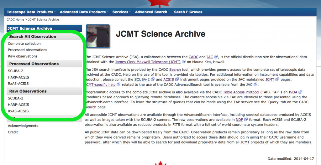 JCMT landing page at CADC