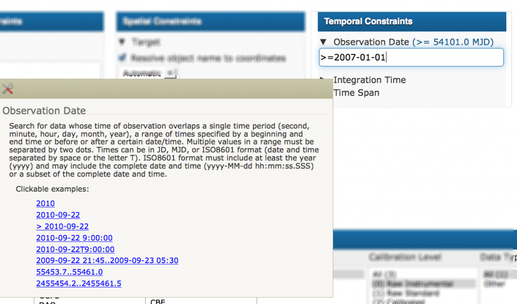 CADC Search temporal constraints